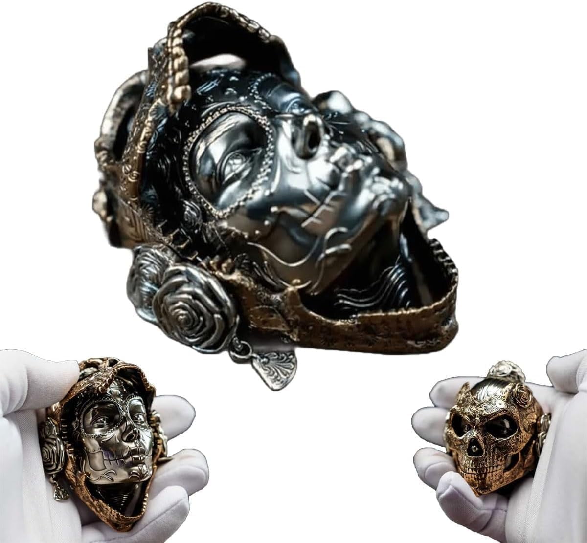 Handmade Metal Mechanical Skull – Magnetic Decoration, Steampunk Skull Metallic Finish Art for Home Decor, Gothic Skull Mask, Creative Interactive Mechanical Skull (2pc)