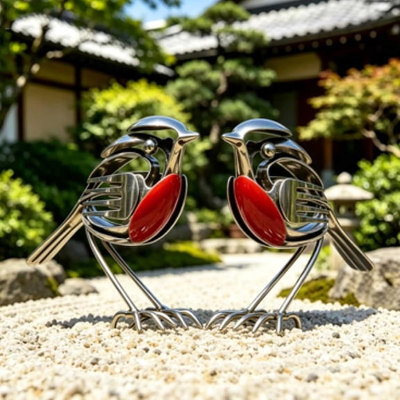 Handmade Metal Robin Garden Sculpture, Robin Bird Metal Art Sculpture, Silver Animal Outdoor Decoration, Unique Home Garden Patio, Rustic Spring Decor (2pcs)