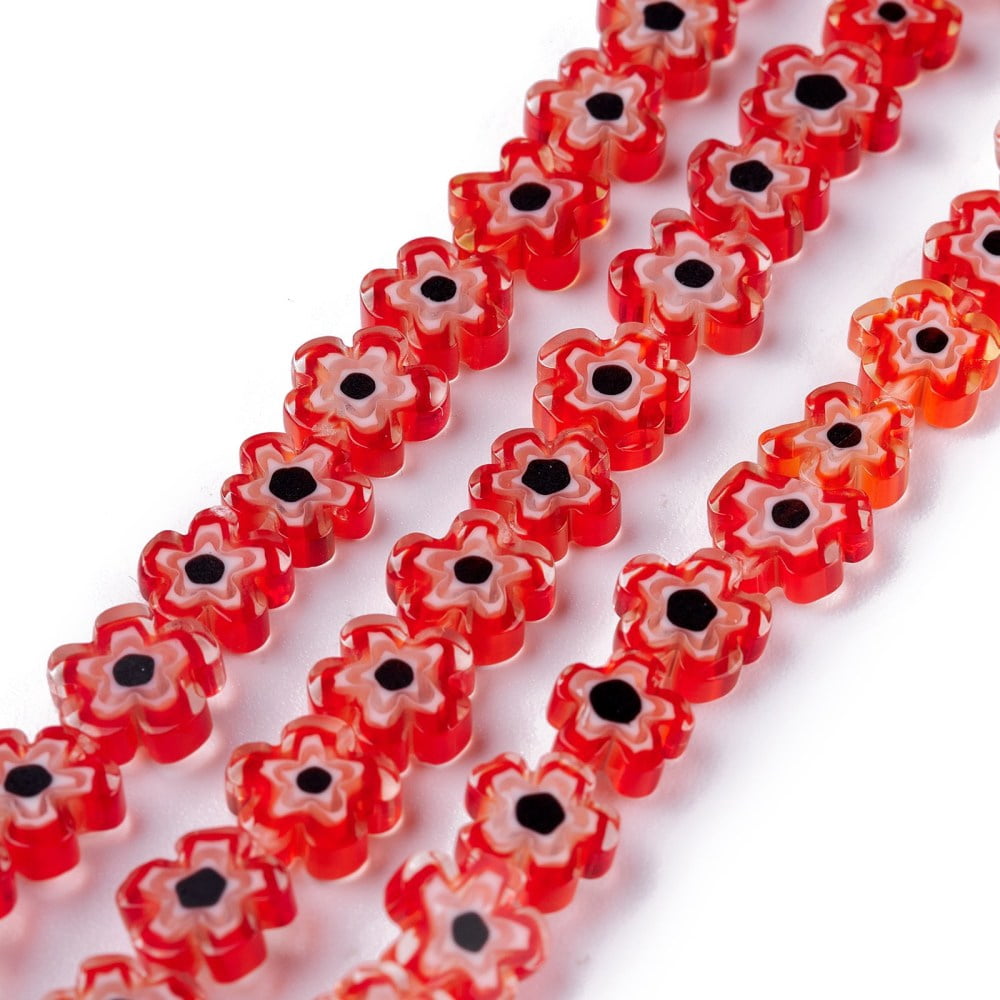 Handmade Millefiori Glass Bead Strands Flower Red 6.4~9x3.2mm Hole: 1mm about 56pcs/Strand 15.75''(40cm)