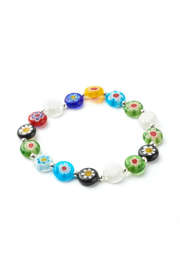 Handmade Millefiori Lampwork Beads Stretch Bracelet for Teen Girl Women Gift Cute Flat Round Beads Bracelet Colorful Inner Diameter: 2-7/8 inch(7.2cm)