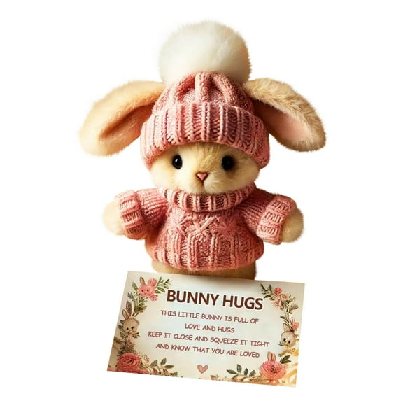 Handmade Mini Bunny Hug Cute Easter Crochet Animals Doll with Inspirational Card Soft Plush Rabbit Mini Bunny Hugs in Box Easter Basket Bunny Stuffer WIth Light,Pink.