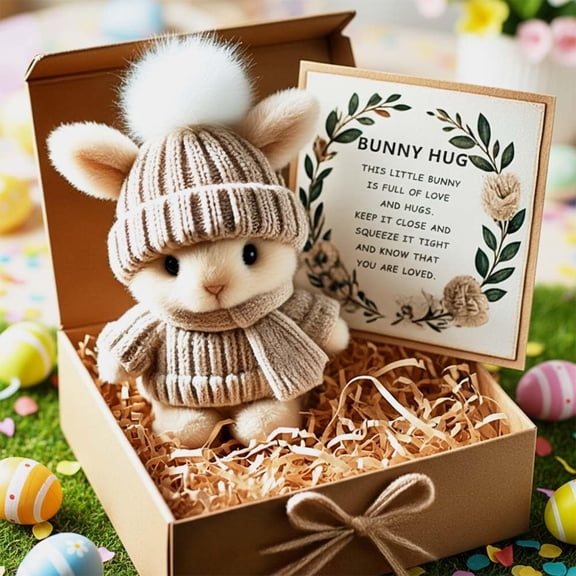 Handmade Mini Bunny Hug Cute Easter Gift, 2026 New Soft Plush Mini Bunny Hugs in Box with Inspirational Card, Easter Basket Bunny Stuffers Animal Home Decor