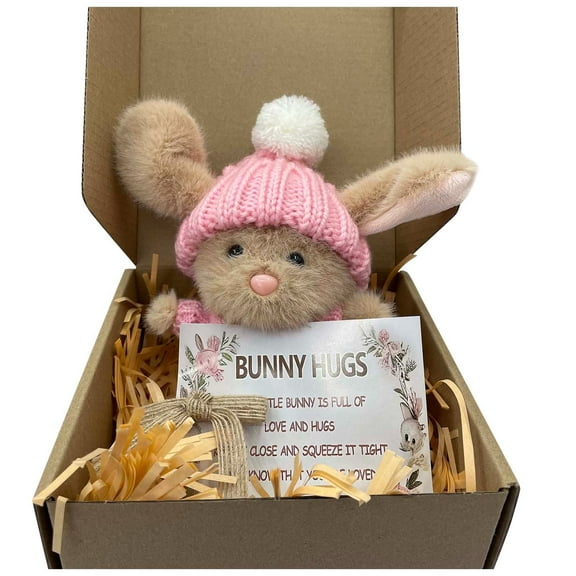 Handmade Mini Bunny Hug Cute Easter Gift with Card, 2026 New Soft Plush Rabbit Mini Bunny Hugs in Box, Easter Basket Bunny Stuffer Women Men for Mother's Day, Valentine's Day, Birthday (Pink)