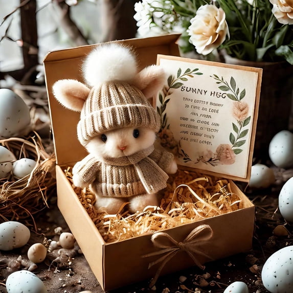 Handmade Mini Bunny Hug Cute Easter Gift with Card, 2026 New Soft Plush Rabbit Mini Bunny Hugs in Box, Easter Basket Bunny Stuffer Women Men for Mother's Day, Valentine's Day, Birthday (Brown)