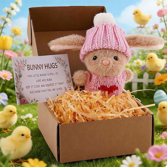 Handmade Mini Bunny Hug Cute Easter Gift with Card – Soft Plush Rabbit in Box – Easter Basket Stuffer for Women Men – Inspirational Easters Gifts – Multiple Colors Available