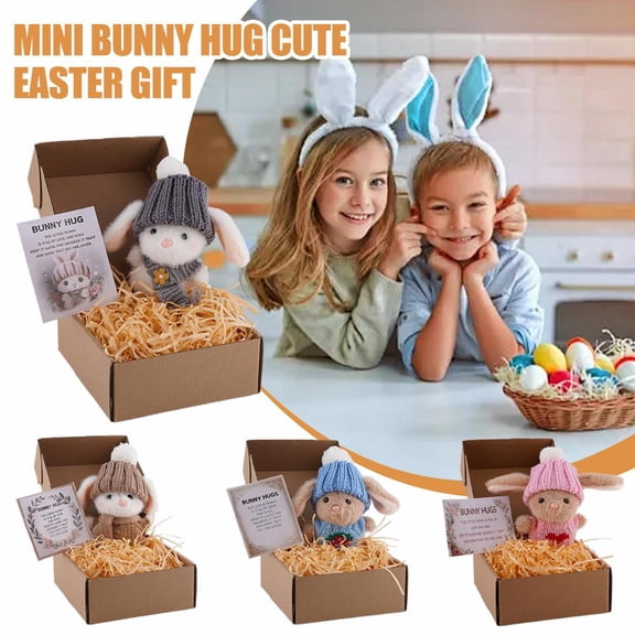 Handmade Mini Bunny Hug Cute Easter Gift, Mini Bunny Hugs in Box, Soft Plush Bunny Stuffed Animal, Easter Basket Stuffers with Inspirational Card