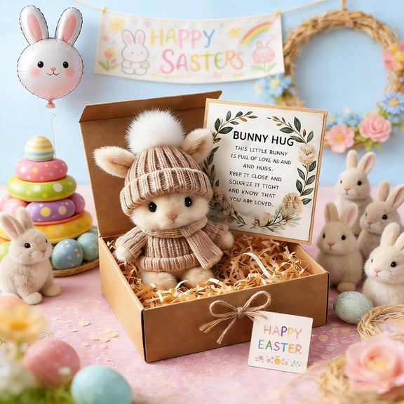 Handmade Mini Bunny Hug Cute Easter Gift, Tiny Easter Bunny Decor, Stuffed Plush Bunnies Figurine in a Box, Emotional Support Pocket Rabbit Positive Plush Animals with Inspirational Card(Khaki)
