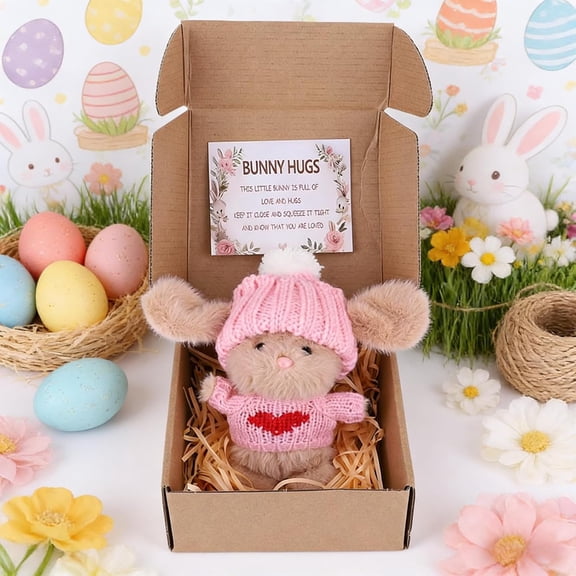 Handmade Mini Bunny Hug Cute Easter Gift, Tiny Easter Bunny Decor, Stuffed Plush Bunnies Figurine in a Box, Emotional Support Pocket Rabbit Positive Plush Animals with Inspirational Card