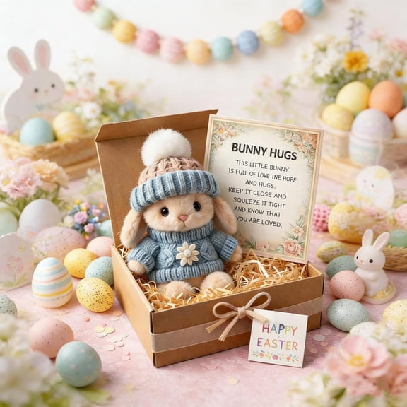 Handmade Mini Bunny Hug Cute Easter Gift, Tiny Easter Bunny Decor, Stuffed Plush Bunnies Figurine in a Box, Emotional Support Pocket Rabbit Positive Plush Animals with Inspirational Card(Blue)