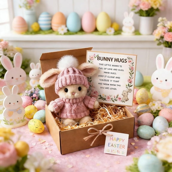 Handmade Mini Bunny Hug Cute Easter Gift, Tiny Easter Bunny Decor, Stuffed Plush Bunnies Figurine in a Box, Emotional Support Pocket Rabbit Positive Plush Animals with Inspirational Card(Pink)