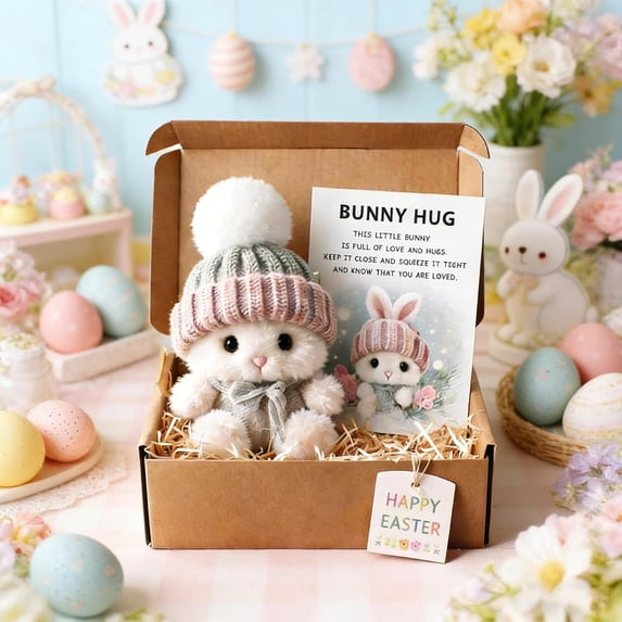 YoGold Mini Bunny Hug Cute Easter Gift, Easter Plush Bunny With Knitted Hat And Pom Pom, Soft Pocket Emotional Support Rabbit With Gift Box & Card 3.93*3.93 In Sky Blue (Style-A