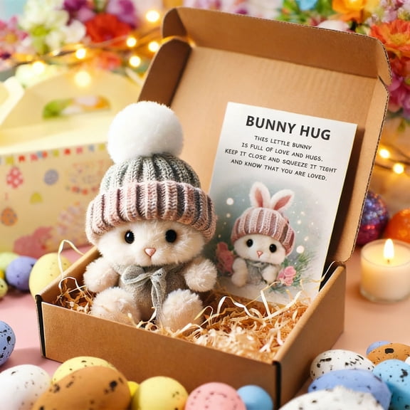 Handmade Mini Bunny Hug, Cute Easter Gift Tiny Stuffed Plush Bunny Figurine in a Box, Emotional Support Pocket Rabbit with Inspirational Card for Easter Decor.(Grey)