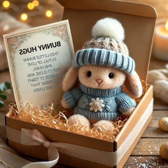 Handmade Mini Bunny Hug Doll – 2026 New Cute Gift, Pocket Rabbit Plush with Card in Box, Positive Emotional Support Gift for Women & Men(RL Blue 1 PC)