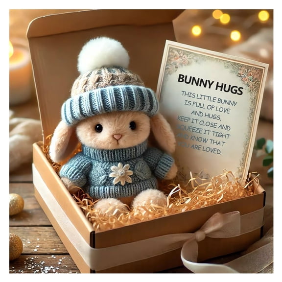 Handmade Mini Bunny Hug Plush Gift Set – Soft Rabbit in Decorative Box with Inspirational Card, Easter Basket Stuffer for Women & Men, Perfect for Mother‘s Day, Valentine’s Day & Birthdays(Blue)