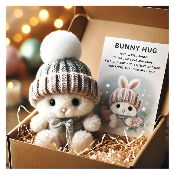 Handmade Mini Bunny Hug Plush Gift Set – Soft Rabbit in Decorative Box with Inspirational Card, Easter Basket Stuffer for Women & Men, Perfect for Mother‘s Day, Valentine’s Day & Birthdays(Gray)