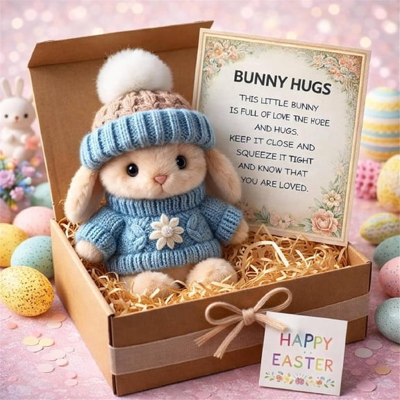 Handmade Mini Bunny Plush in a Box - Tiny Easter Bunny Figurine, Emotional Support Pocket Pet with Inspirational Card, Cute Holiday Decor & Gift(Blue)
