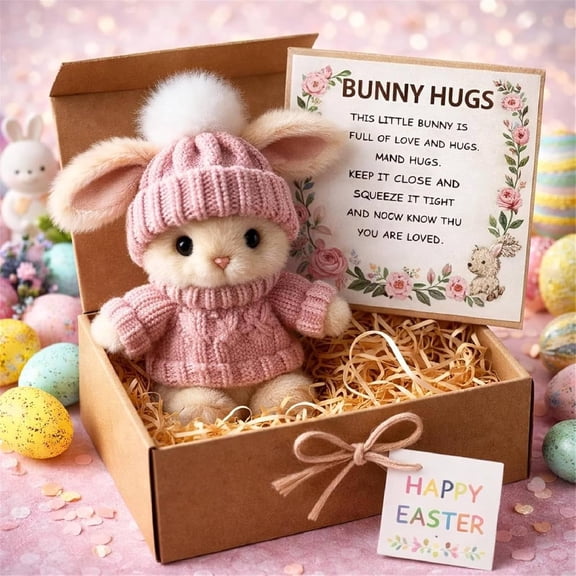 Handmade Mini Bunny Plush in a Box - Tiny Easter Bunny Figurine, Emotional Support Pocket Pet with Inspirational Card, Cute Holiday Decor & Gift(Pink)