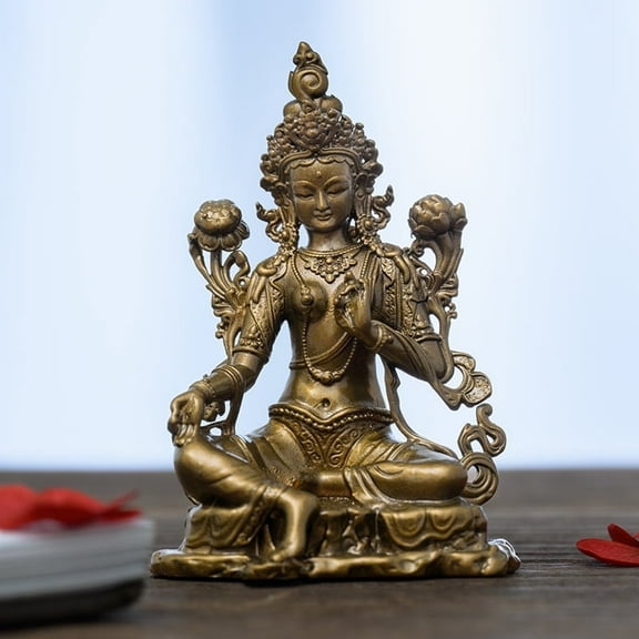 Handmade Mini Green Tara Buddha Statue - Brass Spiritual Decor for Home & Meditation