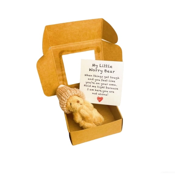 Handmade Mini Plush Bear in Box with Positive Message Card Inspirational Pocket Keepsake Animal Figurine for Friends or Lovers Soft Fabric Stuffed Toy Gift Decoration Brown