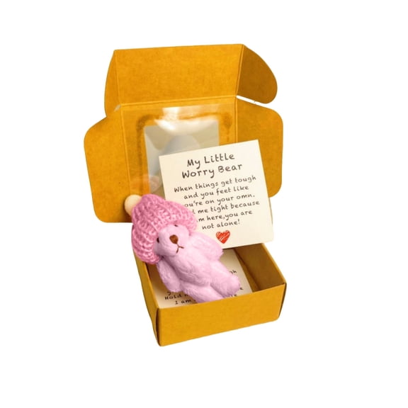 Handmade Mini Plush Bear in Box with Positive Message Card Inspirational Pocket Keepsake Animal Figurine for Friends or Lovers Soft Fabric Stuffed Toy Gift Decoration Pink
