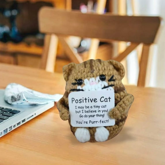Handmade Mini Positive Crochet Animal Cat with Card Knitted Decor ,Crochet Cat Mini Animal Emotional Support Gifts Inspirational Knitted Doll for Easter Valentines Christmas Friends Birthday Decor
