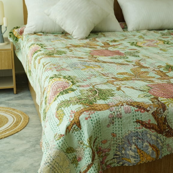 Handmade Mint Green Indian Kantha Quilt â€“ Floral Block Print Cotton Bed Blanket, Soft Lightweight Bedding Crafted