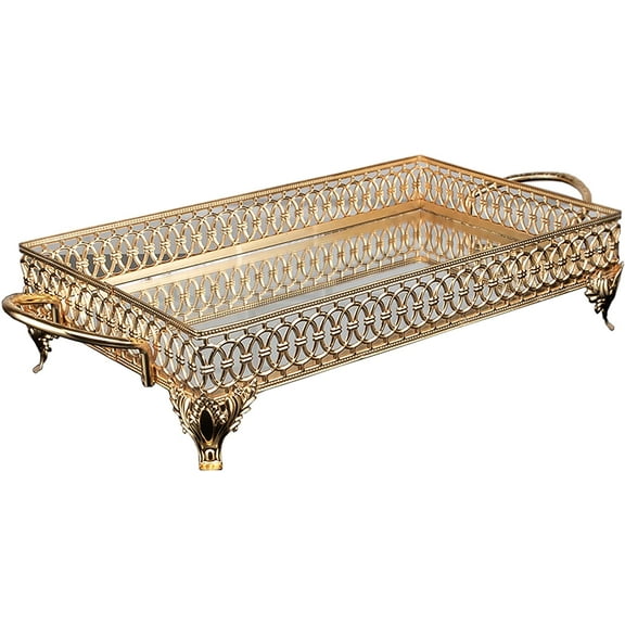 Handmade Mirror Gold Trays with Handles, Decorative Perfume Trays, Rectangle Fancy Serving Tray,&nbsp;Metal Vanity Tray for Dresser and Bathroom