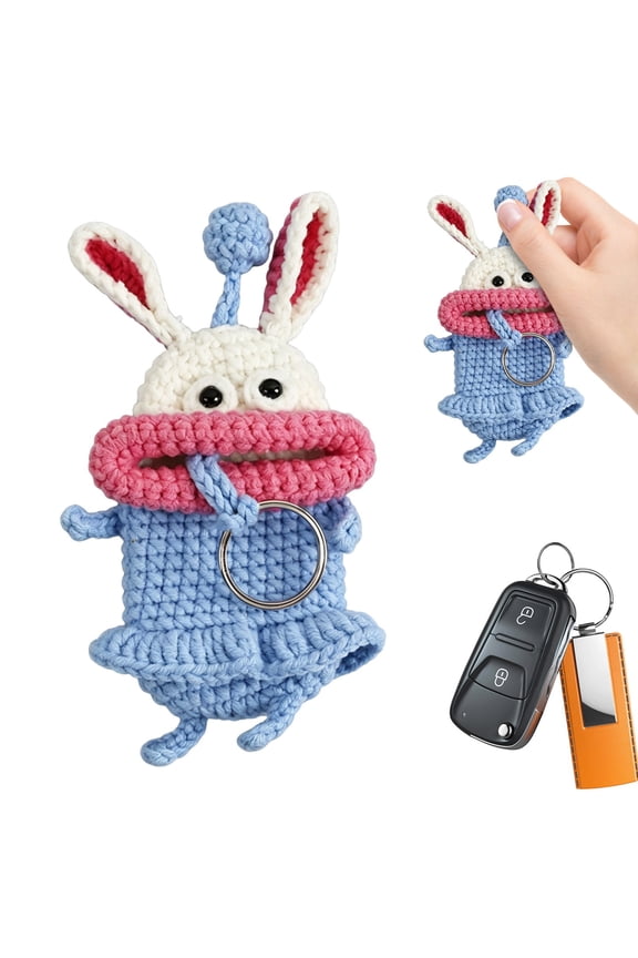 Handmade Monster Key Pouch, Crochet Key Cover, Funny Keychain Case, Pull Type Keys Bag, Novelty Key Fob Holder, Knitted Key Organizer Pouch for Car Keys House Keys Keychain Storage, Blue