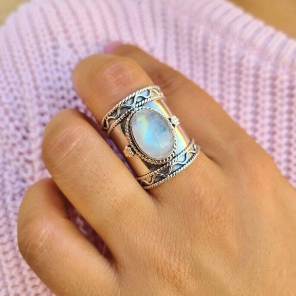 Handmade Moonstone Ring, Silver, Size 8 For Gift