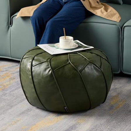 Handmade Moroccan Boho Chic Eco-Friendly Waterproof Faux Leather Unstuffed Pouf Ottoman Cover,Round Storage DIY Foot Rest, Ethnic Decorative Accent for Living Room Bedroom（Green）