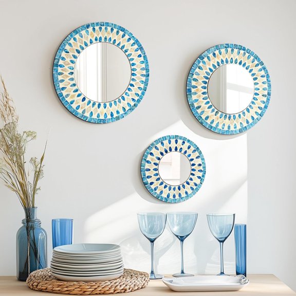 Handmade Mother of Pearl Mirror for Seasonal Holiday Wall Decor Blue | 3PCS Round Decorative Mirrors for Beach Nautical Home Hotel Coffee Shop, Natural Art Plate for Dorm Apartment Entryway
