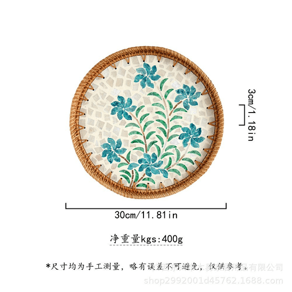 Handmade Mother of Pearl Shell and Rattan Serving Tray, 12 inch Round Decorative Tray with 1 in High Edge, Blue Flower Mosaic Fruit Basket for Coffee Bread, Boho Table Decor for Living Room