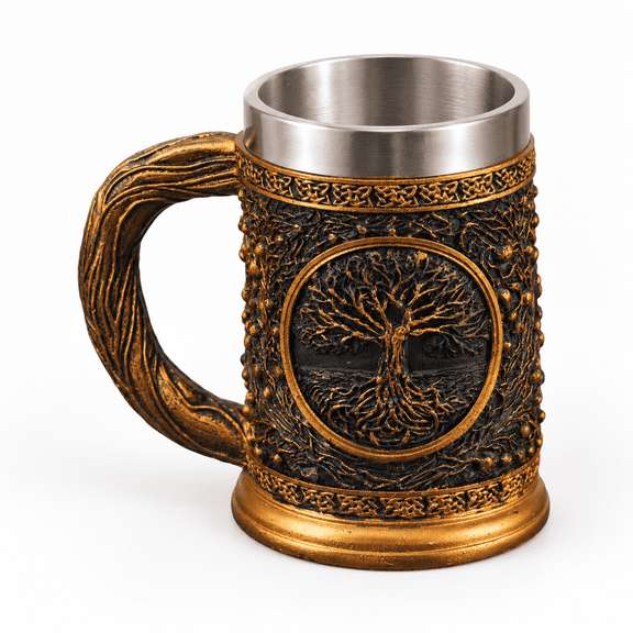 Handmade Mug - 20oz Yggdrasil Tree Of Life Beer Tankard Stainless Steel Medieval Celtic Pirate Heavy Cup Norse Mythology Decor Gif