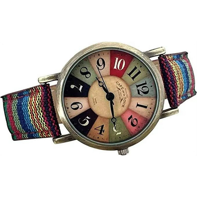 Handmade Multi Color Rainbow Pattern Quirky Boho Hippie Watch Wonderful Watches Gift for Women PU Leather Woven Strap Pink