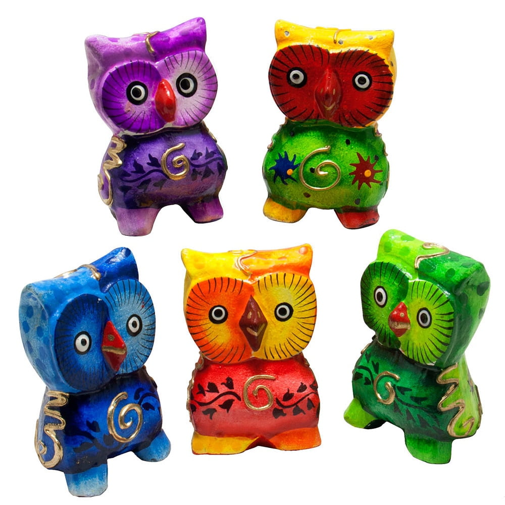 Handcrafted Multicolor Wooden 6-Inch Owl Figurine Set