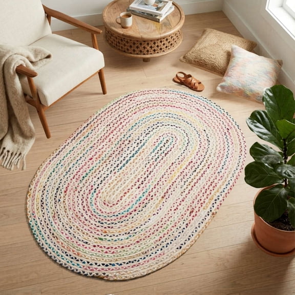 Handmade Multicolor Chindi Braided Oval Rug – Reversible Cotton Area Rug for Living Room, Bedroom, Kitchen & Entryway Decor 10x10 ft