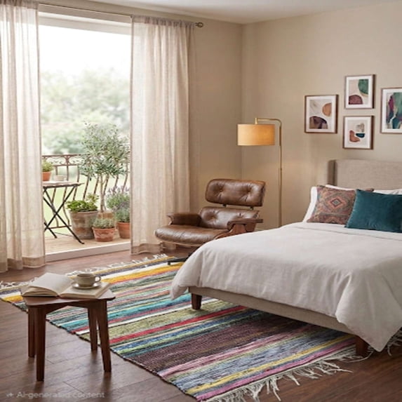 Handmade Multicolor Chindi Rug – Boho Cotton Area Rug with Fringe – Reversible Woven Floor Mat for Bedroom, Living Room & Home Décor