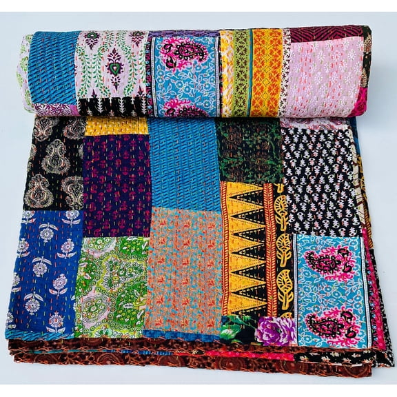 Handmade Multicolor Patchwork Kantha Quilt Cotton Indian Bedspread Hand Stitched Boho Bedding Lightweight Throw Twin Queen King Sizes