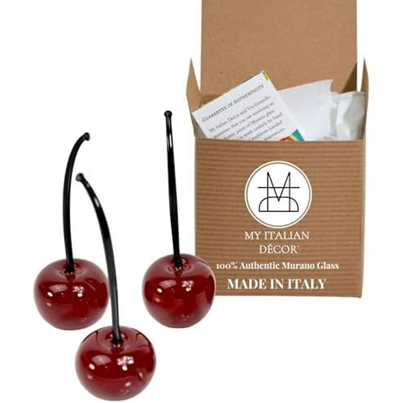 Handmade Murano Glass Cherries, 3 PCS, Decorative Hand Blown Glass Cherry, Glass Figurine, Fake Fruit, Cherries Decor, Murano Glass, Glass Fruit, Made In Italy.