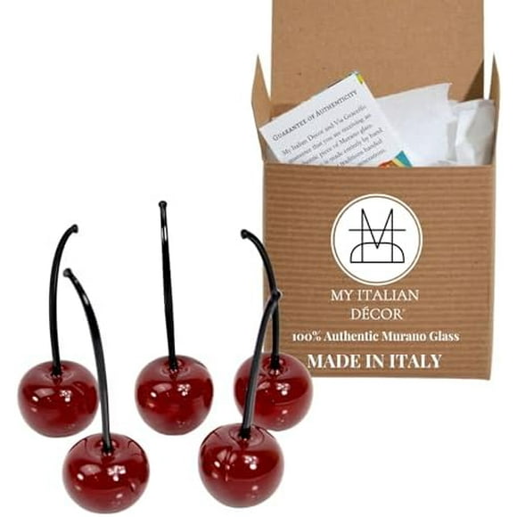 Handmade Murano Glass Cherries, 5 PCS, Decorative Hand Blown Glass Cherry, Glass Figurine, Fake Fruit, Cherries Decor, Murano Glass, Glass Fruit, Made in Italy.
