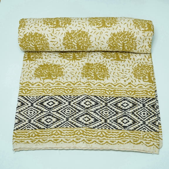 Handmade Mustard Block Print indian Kantha Quilt â€“ Cotton Bed Quilt with Tree Pattern & Black Geometric Border, Cozy Lightweight Bedding