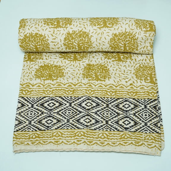 Handmade Mustard Block Print indian Kantha Quilt – Cotton Bed Quilt with Tree Pattern & Black Geometric Border, Cozy Lightweight Bedding