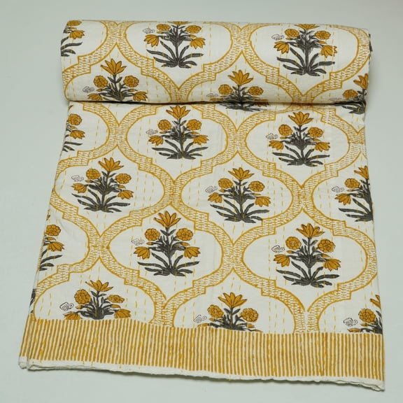 Handmade Mustard Floral Indian Kantha Quilt – Cotton Bed Quilt with Block Print, Soft Lightweight Bedding for Bedroom & Home Decor