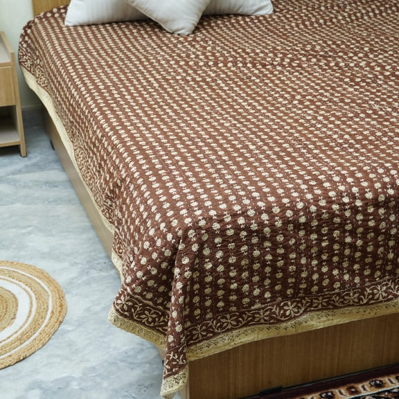 Handmade Mustard Floral Indian Kantha Quilt – Pure Cotton Block Print Bedspread,Lightweight Boho Bedding for Cozy Home Décor