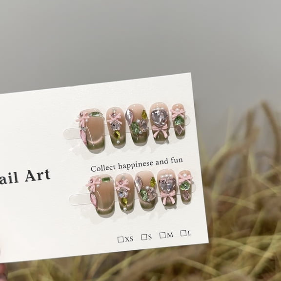 Handmade Nail Premium Sense Elf Garden Green Guava Cat's Eye Short Nail Patch Pink Fake Nail Patch