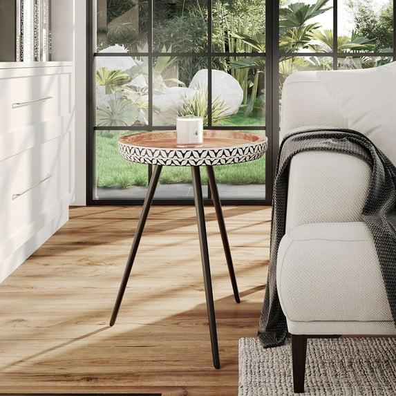 East at Main Jada Geometric Bone Inlay Round End Table, Black