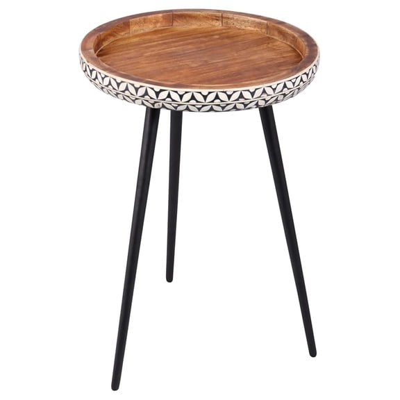 Handmade Natural Bone Inlay Round Side Table - Iron Legs, 16" Dia x 20" H Wood Accent & Bedside Table