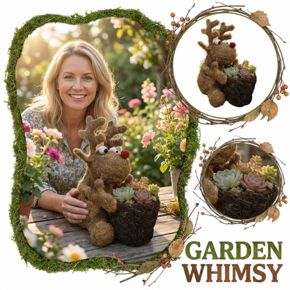 Handmade Natural Coco Fiber Reindeer Planter, Festive Holiday Animal Flower Pot for Succulents & Air Plants, 9.84-Inch Height Brown