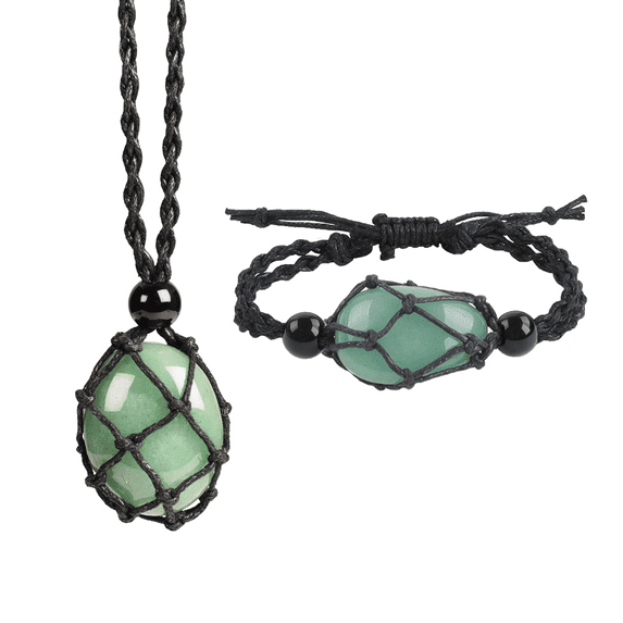 Handmade Natural Gemstone Crystal Pendant Necklace and Bracelet Set Handwoven Necklace, Adjustable Length, Suitable for Both Men and Women(Green Aventurine Set)