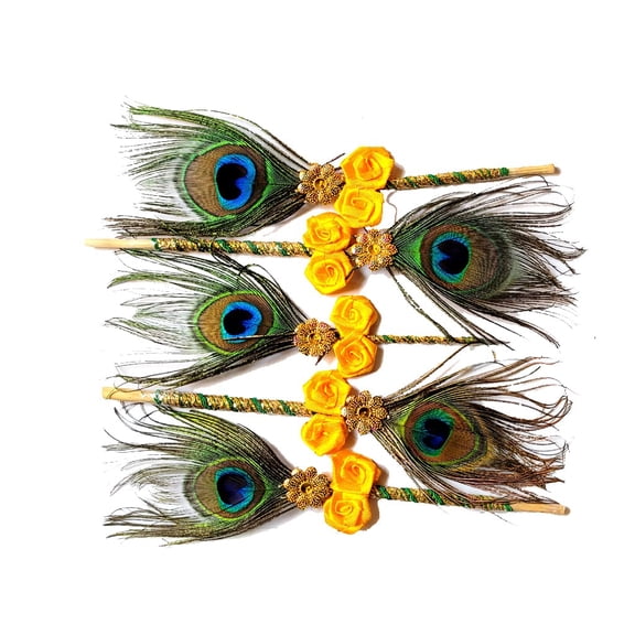 Handmade Natural Peacock Mor Pankh Home Decoration | Yellow | 5 Pcs